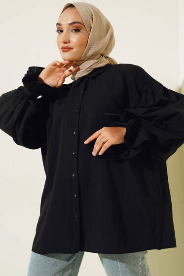 Bebe Yaka Yarasa Kol Bağcıklı Gömlek Siyah - Tunik