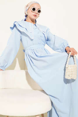 Bebe Yaka Yarım Düğmeli Elbise Bebe Mavi - TABLO FASHİON