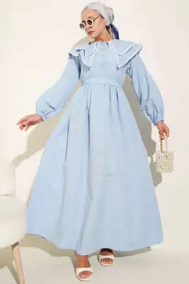Bebe Yaka Yarım Düğmeli Elbise Bebe Mavi - Tesettür Elbise