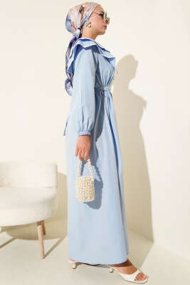 Bebe Yaka Yarım Düğmeli Elbise Bebe Mavi - Tesettür Elbise