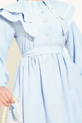 Bebe Yaka Yarım Düğmeli Elbise Bebe Mavi - Tesettür Elbise