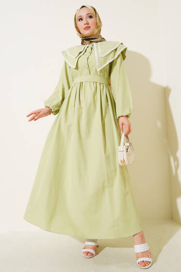Bebe Yaka Yarım Düğmeli Elbise Çağla Yeşili - Elbise