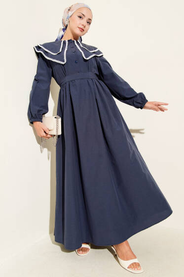 Bebe Yaka Yarım Düğmeli Elbise Lacivert - Elbise