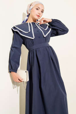 Bebe Yaka Yarım Düğmeli Elbise Lacivert - Tesettür Elbise