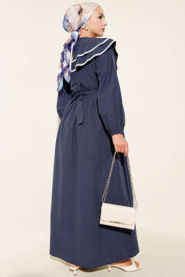 Bebe Yaka Yarım Düğmeli Elbise Lacivert - Tesettür Elbise