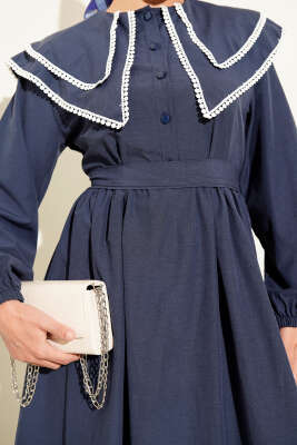 Bebe Yaka Yarım Düğmeli Elbise Lacivert - Tesettür Elbise