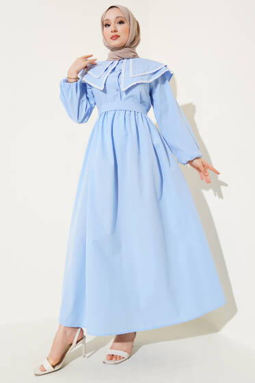 Bebe Yaka Yarım Düğmeli Elbise Mavi - Elbise