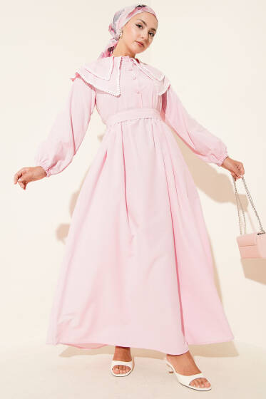 Bebe Yaka Yarım Düğmeli Elbise Pembe - Elbise