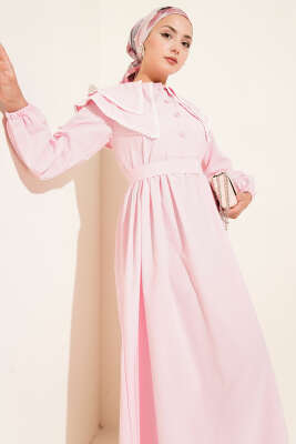 Bebe Yaka Yarım Düğmeli Elbise Pembe - Tesettür Elbise