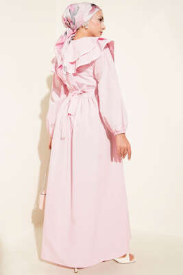 Bebe Yaka Yarım Düğmeli Elbise Pembe - Tesettür Elbise