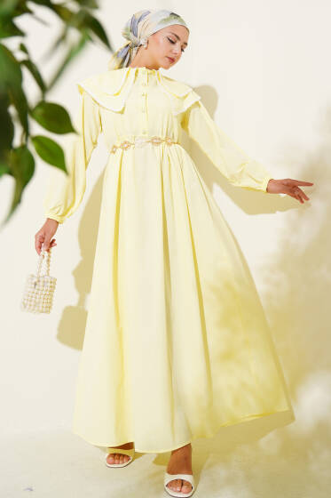 Bebe Yaka Yarım Düğmeli Elbise Sarı - Elbise