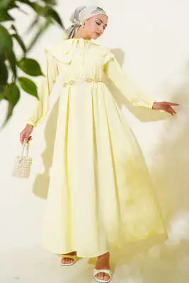 Bebe Yaka Yarım Düğmeli Elbise Sarı 