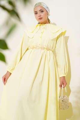 Bebe Yaka Yarım Düğmeli Elbise Sarı - Tesettür Elbise
