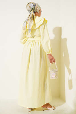 Bebe Yaka Yarım Düğmeli Elbise Sarı - Tesettür Elbise