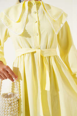 Bebe Yaka Yarım Düğmeli Elbise Sarı - Tesettür Elbise