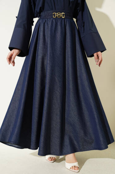 Bel Aksesuarlı Kot Çan Etek Lacivert - Etek