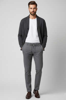 Bel Bağcık Detaylı Cepli Dar Paça Erkek Pantolon Füme - Erkek Pantolon