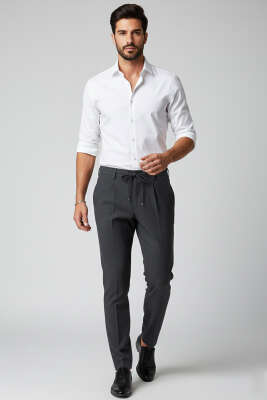 Bel Bağcık Detaylı Cepli Dar Paça Erkek Pantolon Füme - Erkek Pantolon