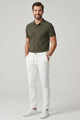 Bel Bağcık Detaylı Jogger Erkek Pantolon Beyaz - Yılın Fırsatı