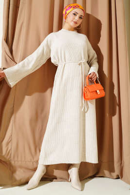 Bel Bağcıklı Bisiklet Yaka Triko Elbise Bej - VANİZA TRİKO