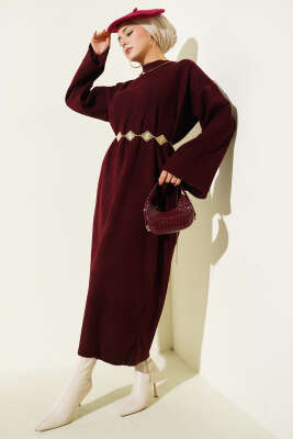 Bel Bağcıklı Bisiklet Yaka Triko Elbise Bordo - VANİZA TRİKO