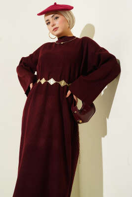 Bel Bağcıklı Bisiklet Yaka Triko Elbise Bordo - Elbise