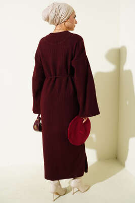 Bel Bağcıklı Bisiklet Yaka Triko Elbise Bordo - Elbise