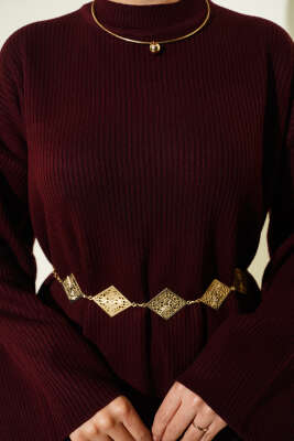 Bel Bağcıklı Bisiklet Yaka Triko Elbise Bordo - Elbise