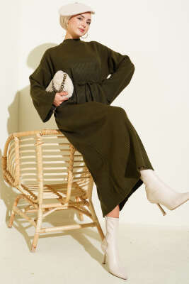 Bel Bağcıklı Bisiklet Yaka Triko Elbise Haki - VANİZA TRİKO