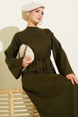 Bel Bağcıklı Bisiklet Yaka Triko Elbise Haki - Elbise