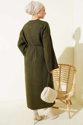 Bel Bağcıklı Bisiklet Yaka Triko Elbise Haki - Elbise