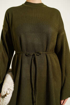 Bel Bağcıklı Bisiklet Yaka Triko Elbise Haki - Elbise
