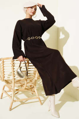 Bel Bağcıklı Bisiklet Yaka Triko Elbise Kahve - VANİZA TRİKO