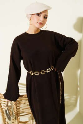 Bel Bağcıklı Bisiklet Yaka Triko Elbise Kahve - Elbise