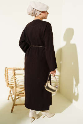 Bel Bağcıklı Bisiklet Yaka Triko Elbise Kahve - Elbise