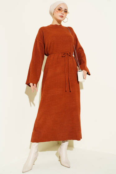 Bel Bağcıklı Bisiklet Yaka Triko Elbise Kiremit - Elbise