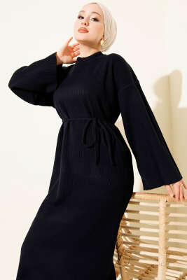 Bel Bağcıklı Bisiklet Yaka Triko Elbise Lacivert 