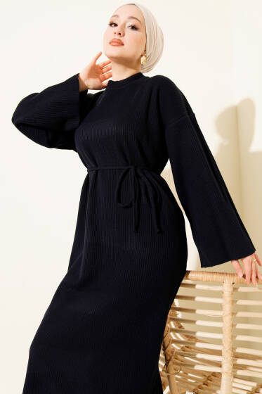 Bel Bağcıklı Bisiklet Yaka Triko Elbise Lacivert - Elbise