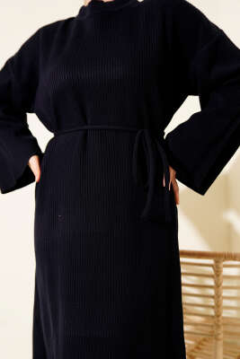 Bel Bağcıklı Bisiklet Yaka Triko Elbise Lacivert - Elbise