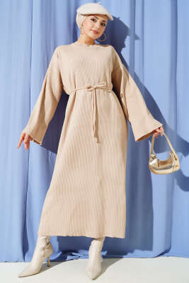 Bel Bağcıklı Bisiklet Yaka Triko Elbise Latte - VANİZA TRİKO