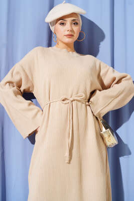 Bel Bağcıklı Bisiklet Yaka Triko Elbise Latte - Elbise