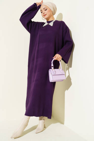 Bel Bağcıklı Bisiklet Yaka Triko Elbise Mor - Elbise