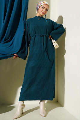 Bel Bağcıklı Bisiklet Yaka Triko Elbise Petrol - VANİZA TRİKO