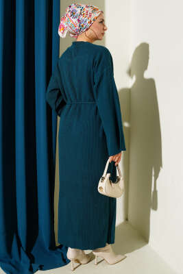 Bel Bağcıklı Bisiklet Yaka Triko Elbise Petrol - Elbise