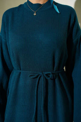 Bel Bağcıklı Bisiklet Yaka Triko Elbise Petrol - Elbise