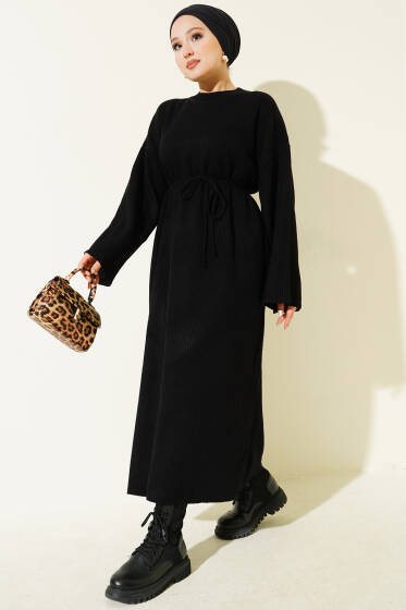 Bel Bağcıklı Bisiklet Yaka Triko Elbise Siyah - Elbise
