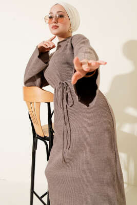 Bel Bağcıklı Bisiklet Yaka Triko Elbise Vizon 