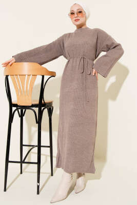 Bel Bağcıklı Bisiklet Yaka Triko Elbise Vizon - Elbise