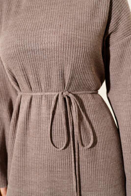 Bel Bağcıklı Bisiklet Yaka Triko Elbise Vizon - Elbise