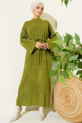 Bel Bağcıklı Bisiklet Yaka Triko Elbise Yağ Yeşili - Elbise